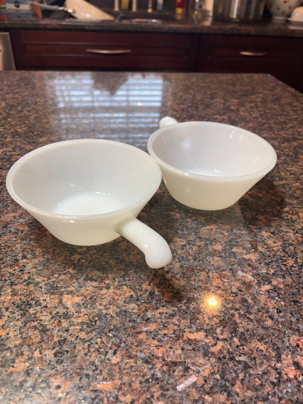 Vintage Fire King White Milk Glass Handled Bowls Set of 2 12 oz Anchor Hocking